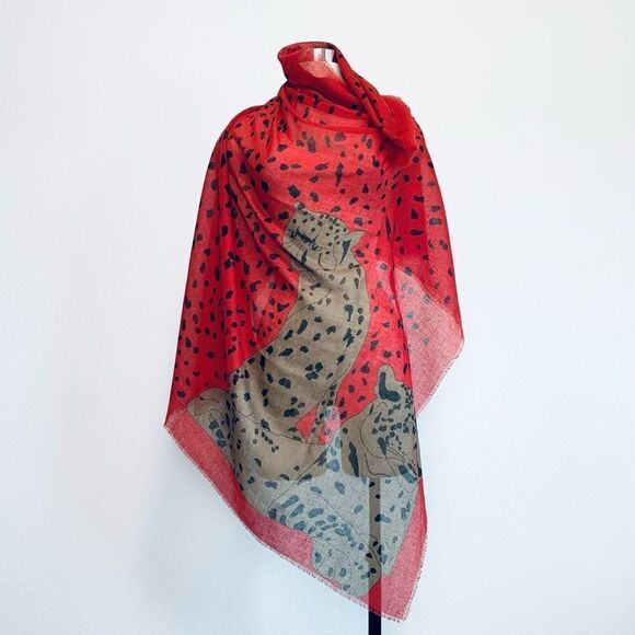 Vintage Cheetah Leopard Animal Red Square Scarf Polka Dot Large - Picture 2 of 7
